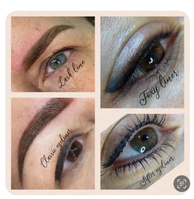 Eyes with different permanent makeup styles: Lash line, Foxy liner, Classic eyeliner, and Soft eyeliner.