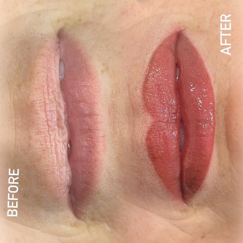 Before and after lips; left side uncolored, right side has permanent lip color.