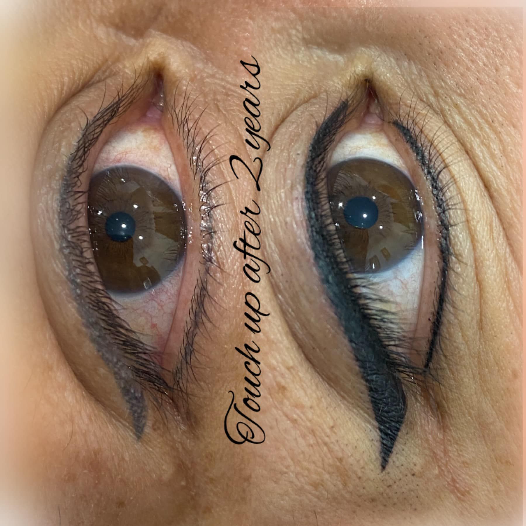 Eyes with permanent eyeliner before and after a touch-up. Brown irises, touch up text in image.
