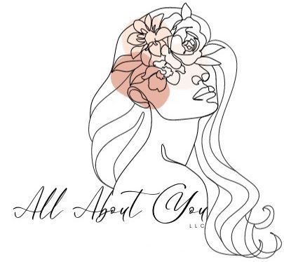 Line drawing of a woman with a floral crown and peachy highlights; text reads 
