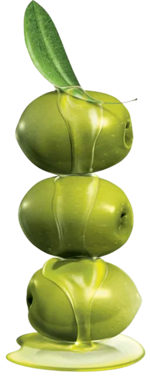 Three green olives stacked, with oil pouring down and a leaf on top.
