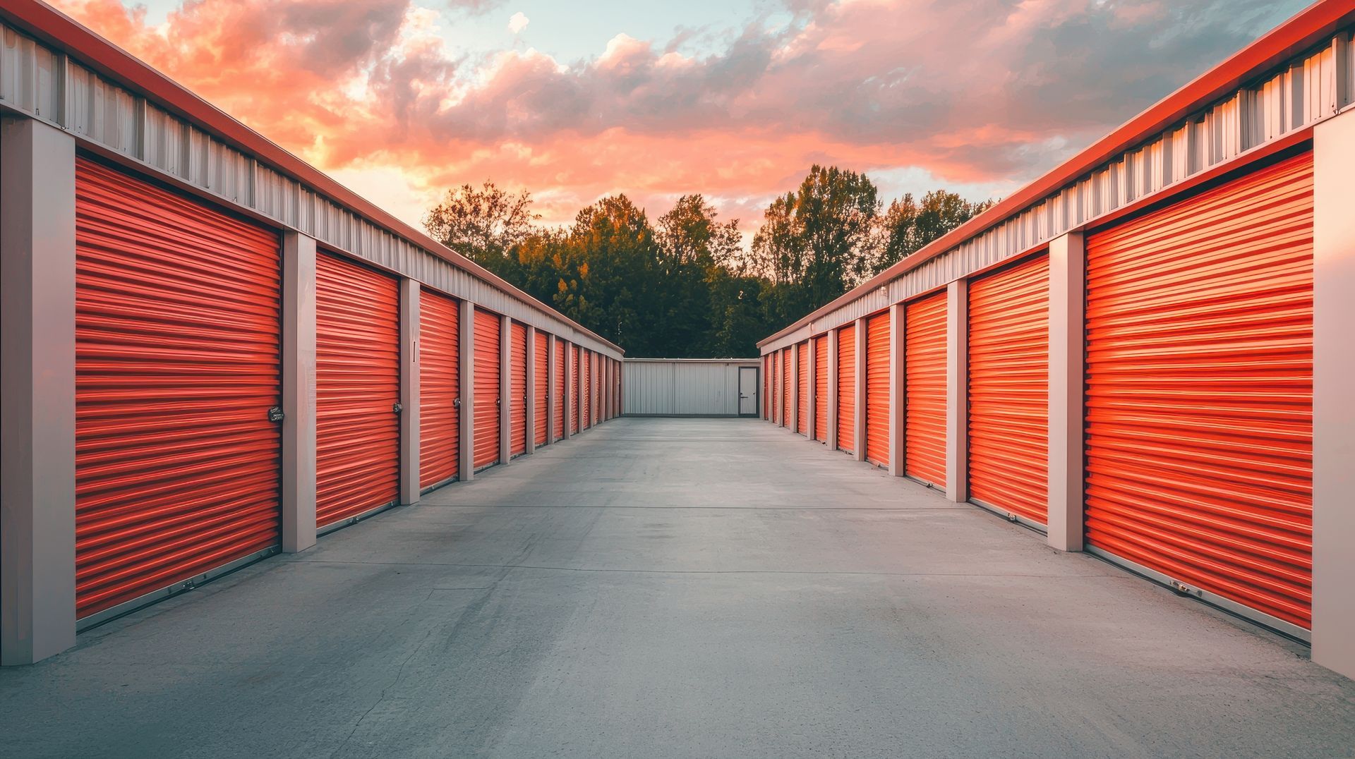 Rows of red storage units with roll-up doors line a paved aisle beneath a warm, colorful sunset sky.