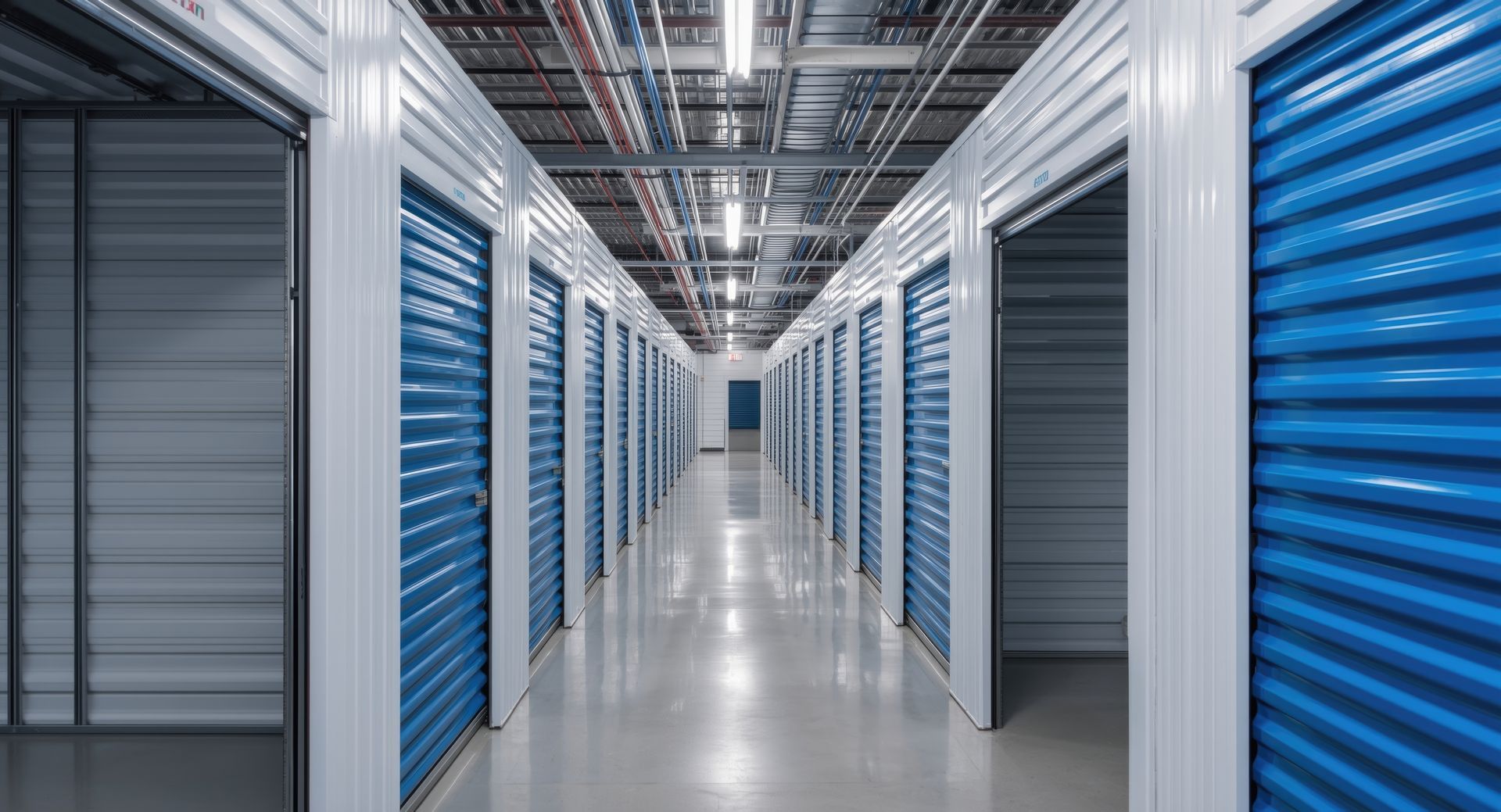 Rows of storage units line a dim, blue-toned hallway lit by a trail of glowing red ceiling lights.