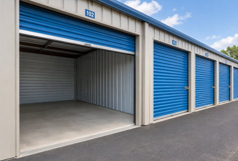 Row of blue roll-up storage unit doors, one open to an empty unit.