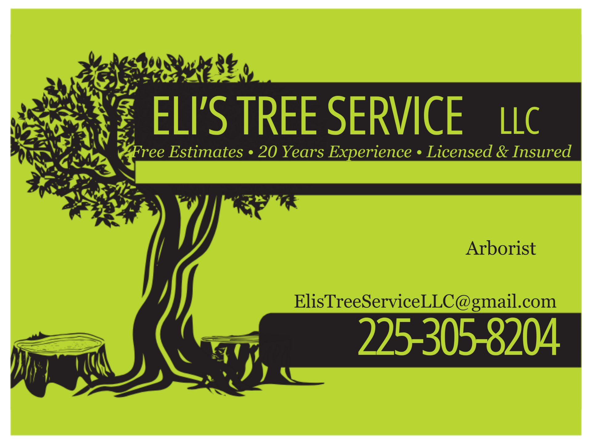 Eli&rsquo;s Tree Service LLC business card with black tree logo on green background and phone number 225-305-8204