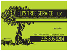 Eli’s Tree Service LLC business card with black tree logo on green background and phone number 225-305-8204