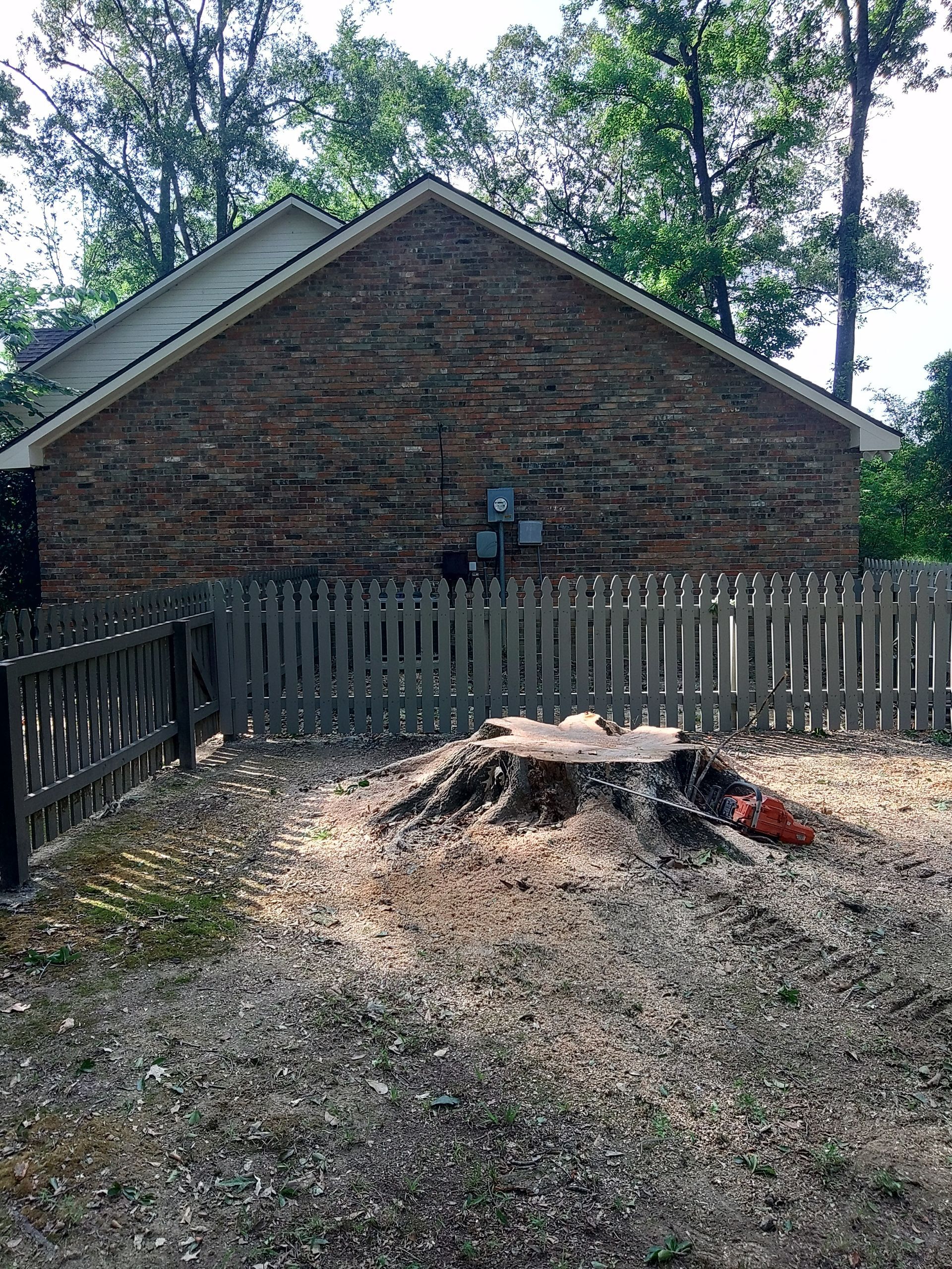 Backyard with brick house wall, wooden fence, and a tree stump in the center of the yard