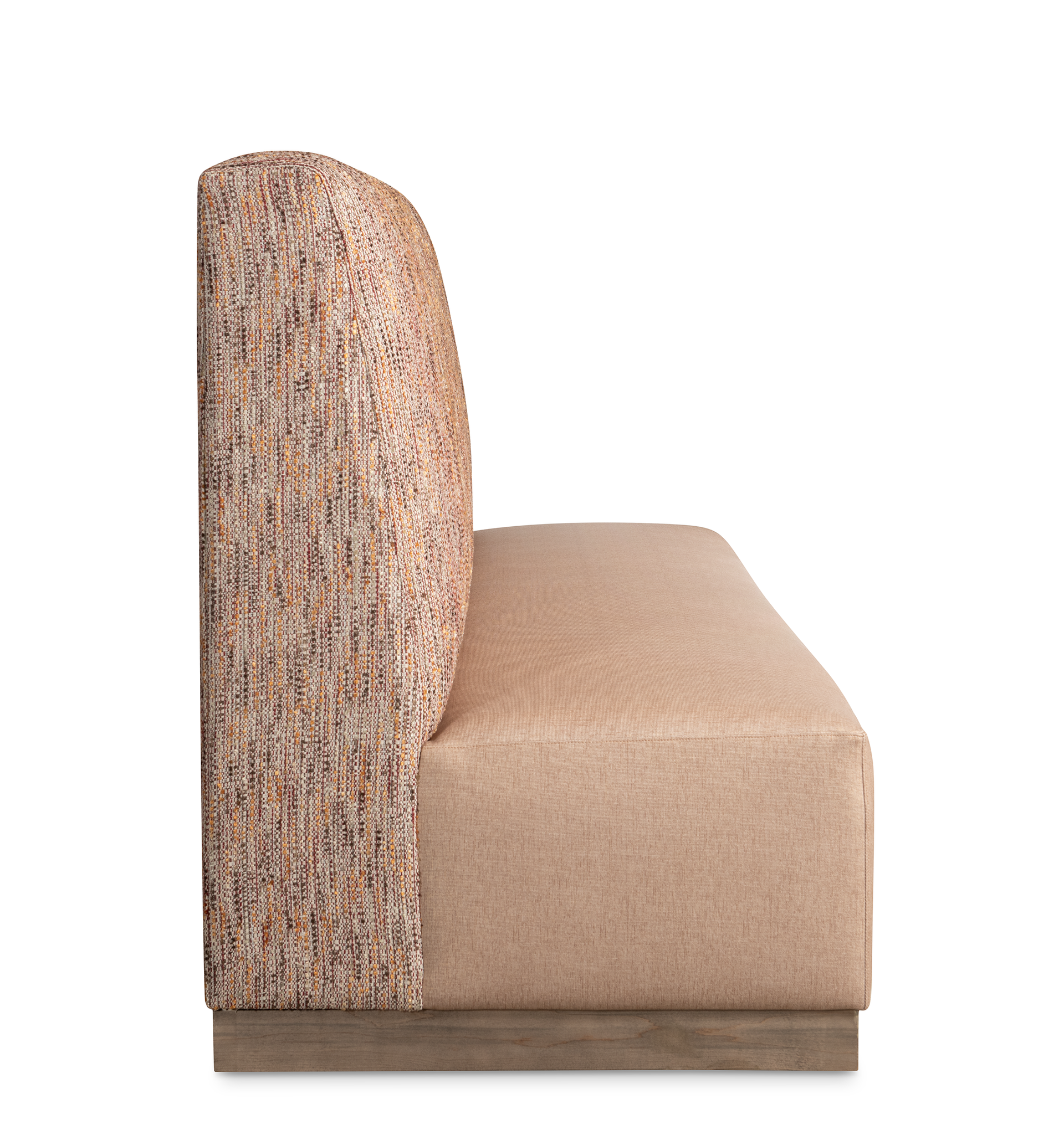 A brown couch with a wooden base on a white background