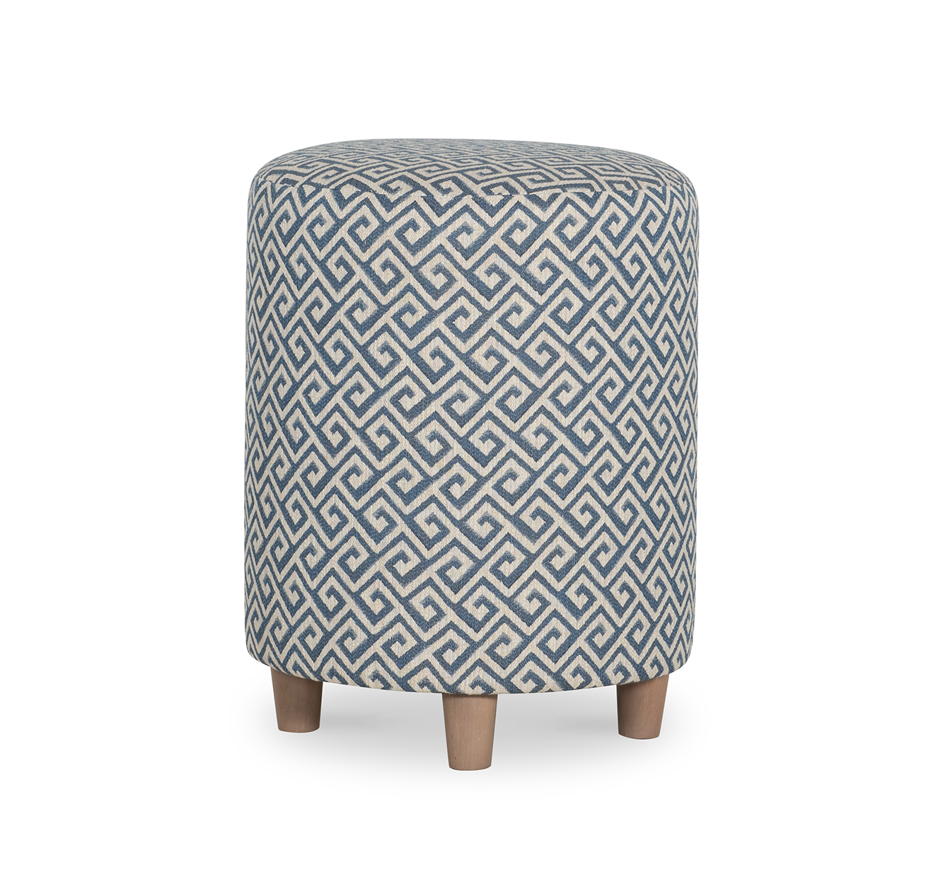 A blue and white ottoman with wooden legs on a white background.