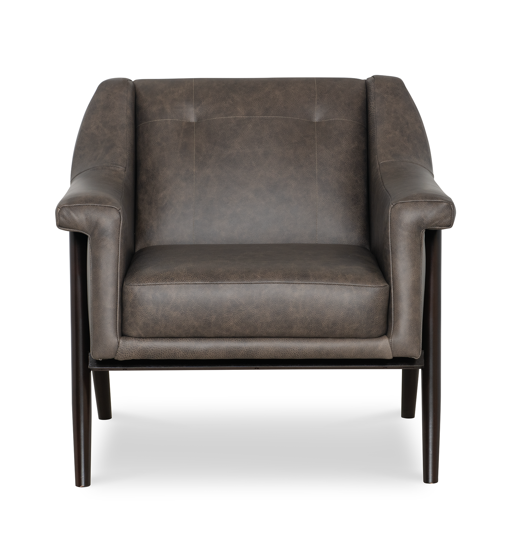 A brown leather chair with wooden legs on a white background