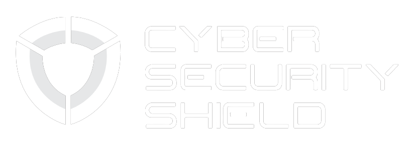 A white logo logo a shield and the words `` cyber security shield '' written on it.