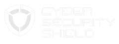 A white logo logo a shield and the words `` cyber security shield '' written on it.