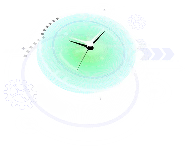 A green clock is surrounded by gears and arrows on a white background.