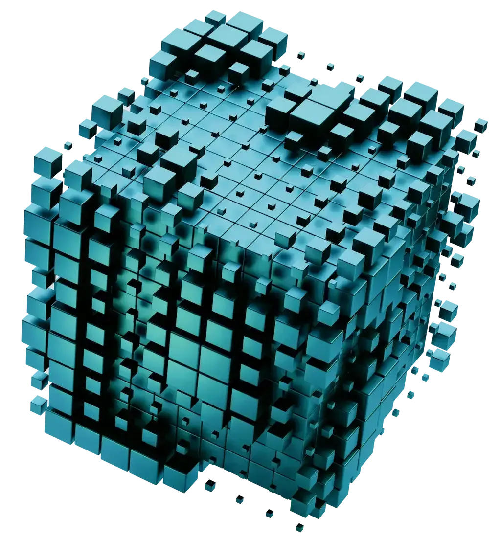A blue cube made up of squares on a white background