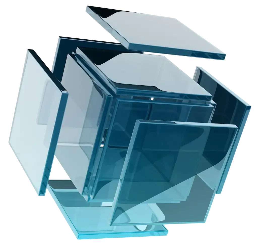 A cube made of glass is being broken into pieces