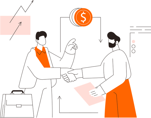 Illustration of two professionals discussing finances with upward arrows and dollar sign