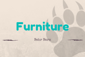 Title slide reading “Furniture” in teal, with “Behr Barn” below on a beige background and gray floral shapes