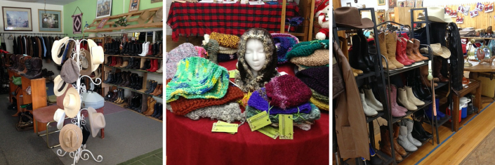 Clothing store display with colorful hats, scarves, and garments on racks and mannequins