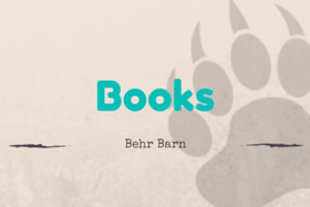 Title card reading “Books” with the name “Behr Barn” on a light background and a paw print graphic