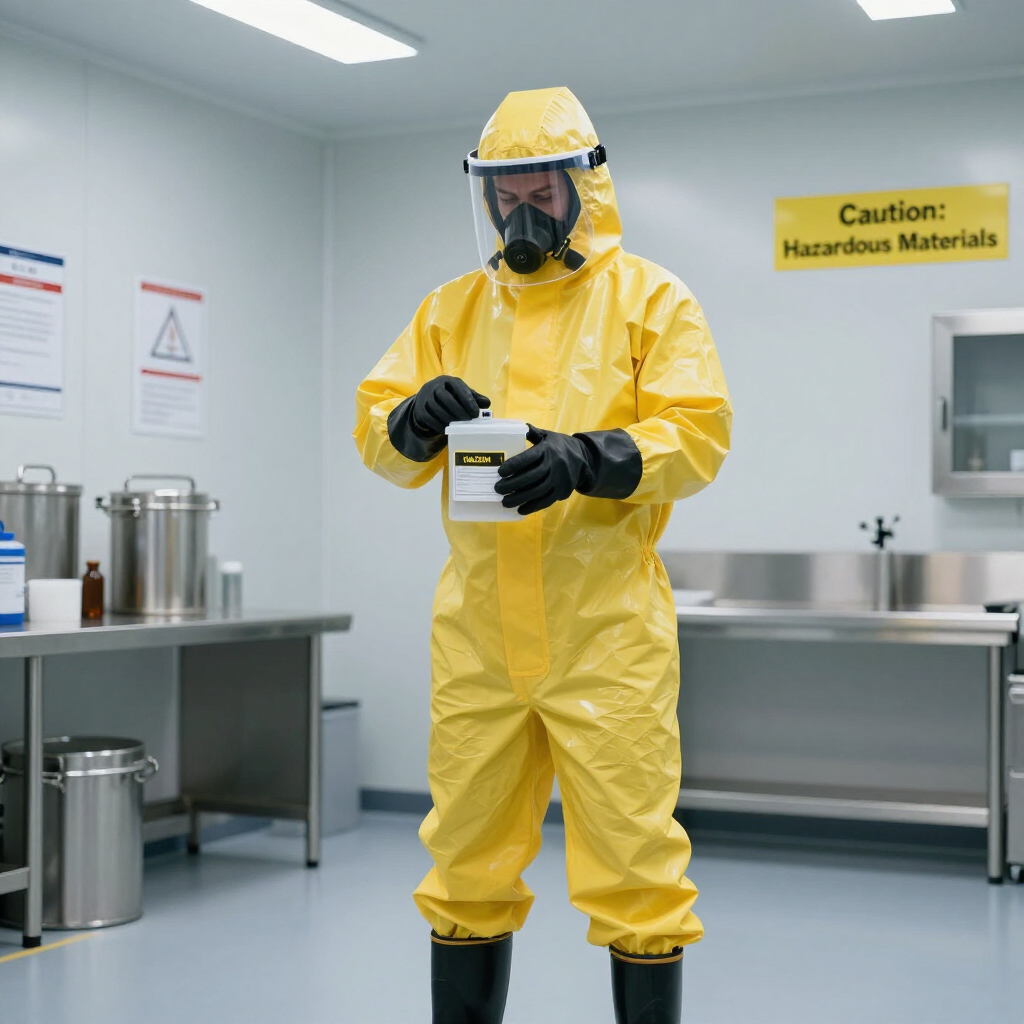 A person in a yellow hazmat suit and mask inspects a container inside a laboratory with stainless steel surfaces.