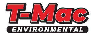 Logo for T-Mac Environmental, featuring red text with a black outline over a black rounded rectangle that spells 