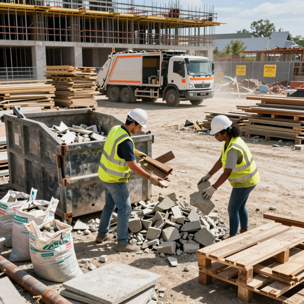 Two workers in hard hats and high-visibility vests move debris near a construction dumpster on a building site.