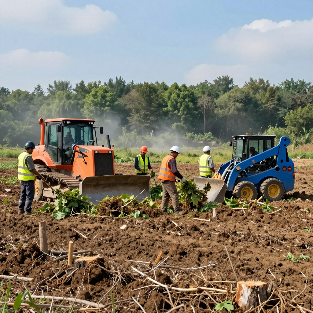 Workers in high-visibility vests operate orange and blue construction machinery on a brown, cleared dirt lot near trees.