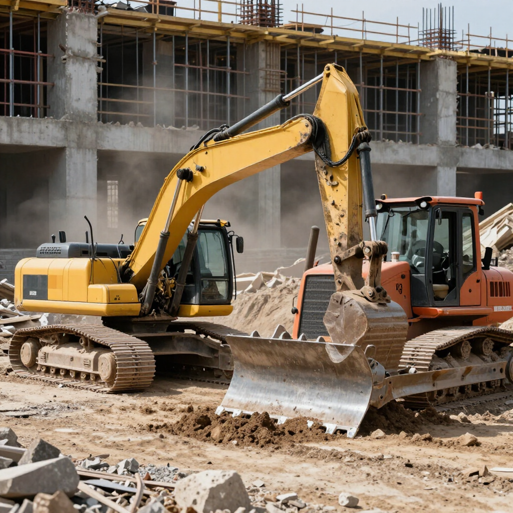Yellow and orange excavators work at a construction site with an unfinished concrete building in the background.