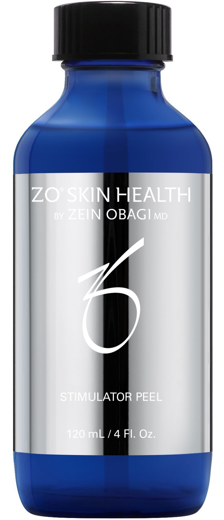 A blue and silver bottle of zo skin health stimulator peel.