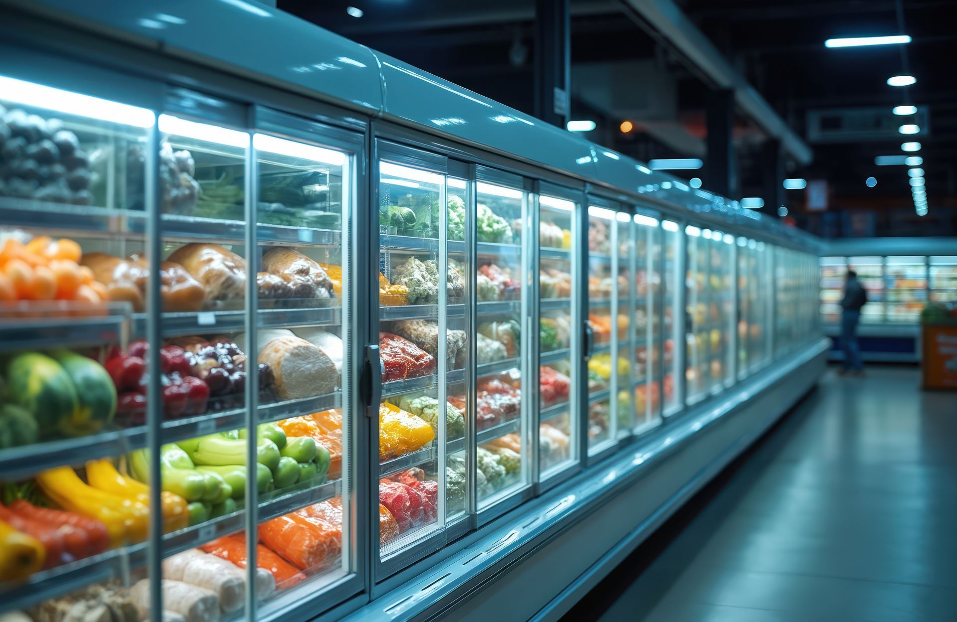 A grocer is opening a refrigerator door. Grocery items in a refrigerator are in the background. 