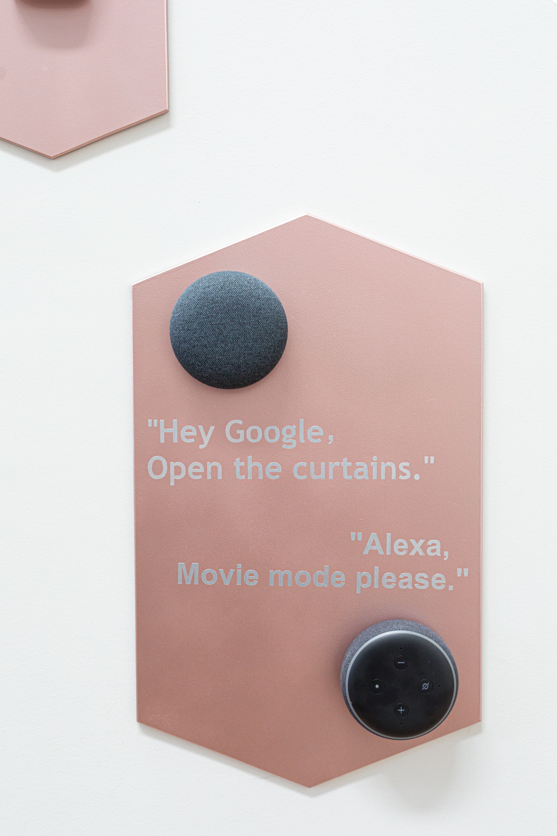 A card that says `` hey google open the curtains . ''