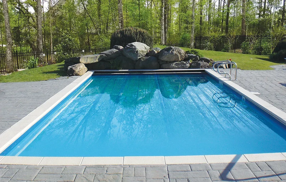 A large swimming pool surrounded by rocks and trees