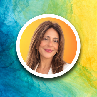 Smiling woman in a circular portrait on a blue-green and yellow watercolor background