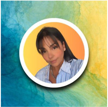 Circular profile photo on a blue and yellow watercolor background
