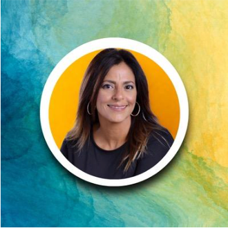 Smiling woman in a circular portrait on a blue-green and yellow watercolor background