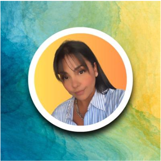 Portrait of a person in a circular frame on a teal-to-yellow watercolor background