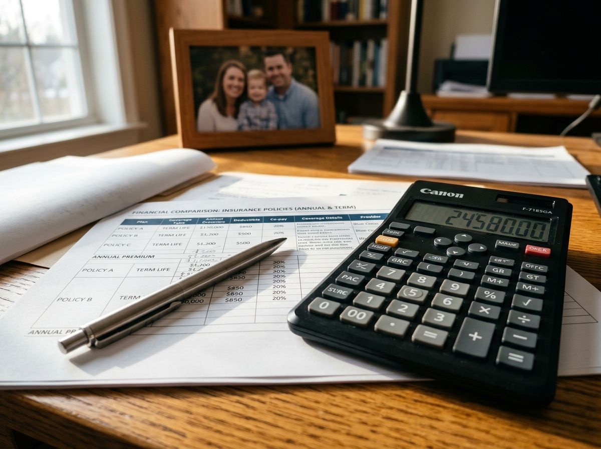 Calculator and pen on a desk with financial paperwork and a framed family photo in the background.