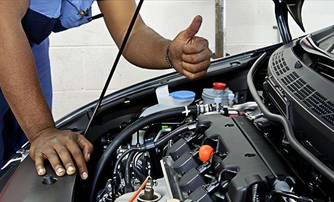 Mechanic giving thumbs up over car engine. Blue shirt, black engine, thumbs up.