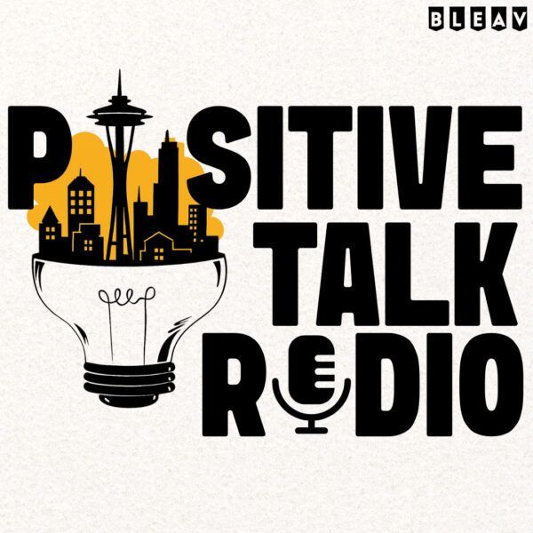 Positive Talk Radio logo with black text, a lightbulb city skyline, and orange sunrise accents