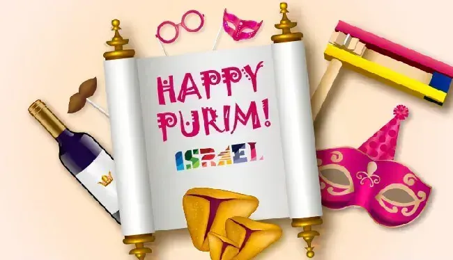 This is a picture displaying various elements traditionally used and enjoyed on the Jewish holiday, Purim