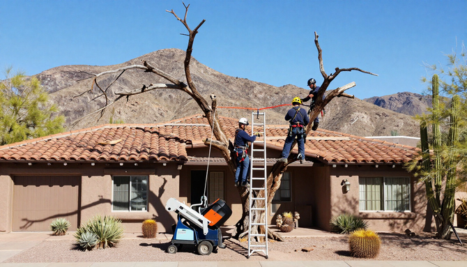 Workers on ladders repairing a tan house roof, with mountains in the background.