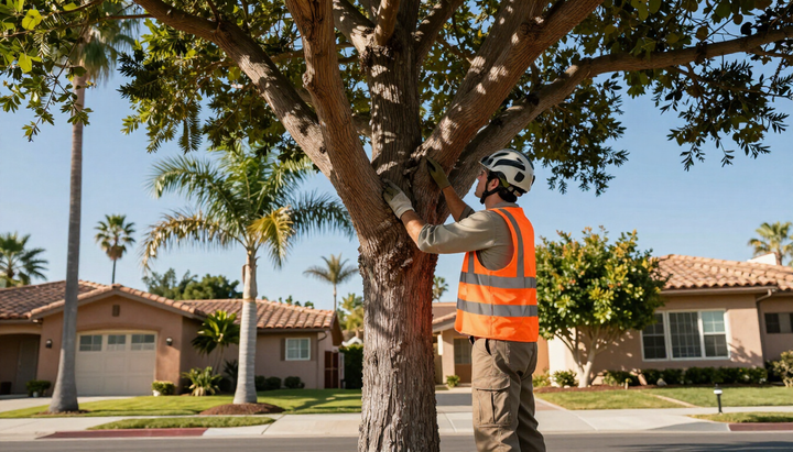 Worker in orange safety vest trimming a tree on a sunny suburban street