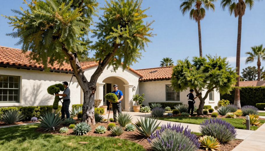 Spanish-style building with tiled roof, arched entry, and landscaped garden with palm trees and flowering plants
