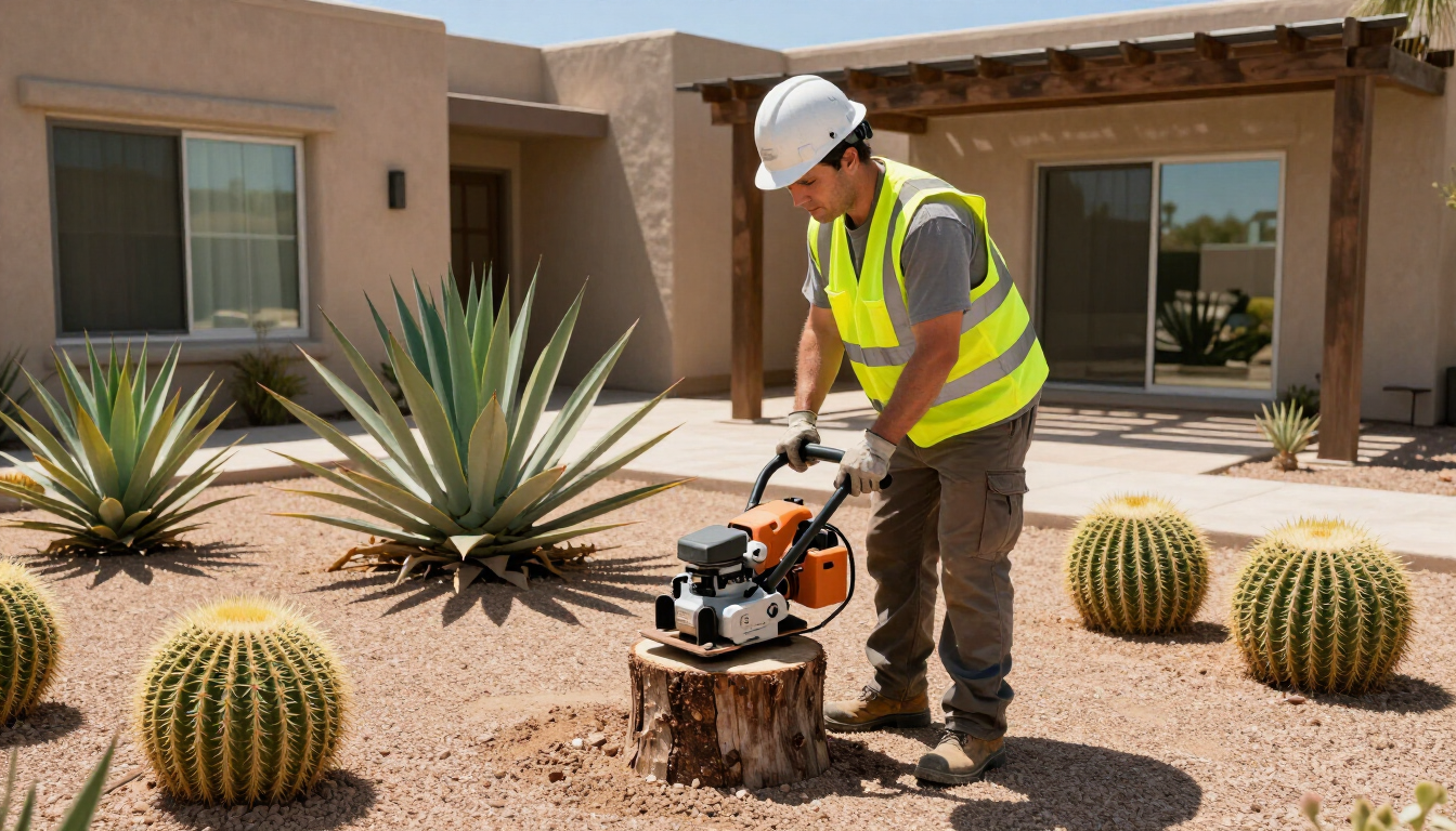 Worker trimming a tree stump in a desert yard with agave and barrel cacti near a house