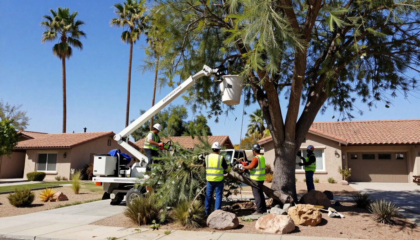 Tree crew trimming branches with a bucket truck in a suburban neighborhood, workers wearing safety gear
