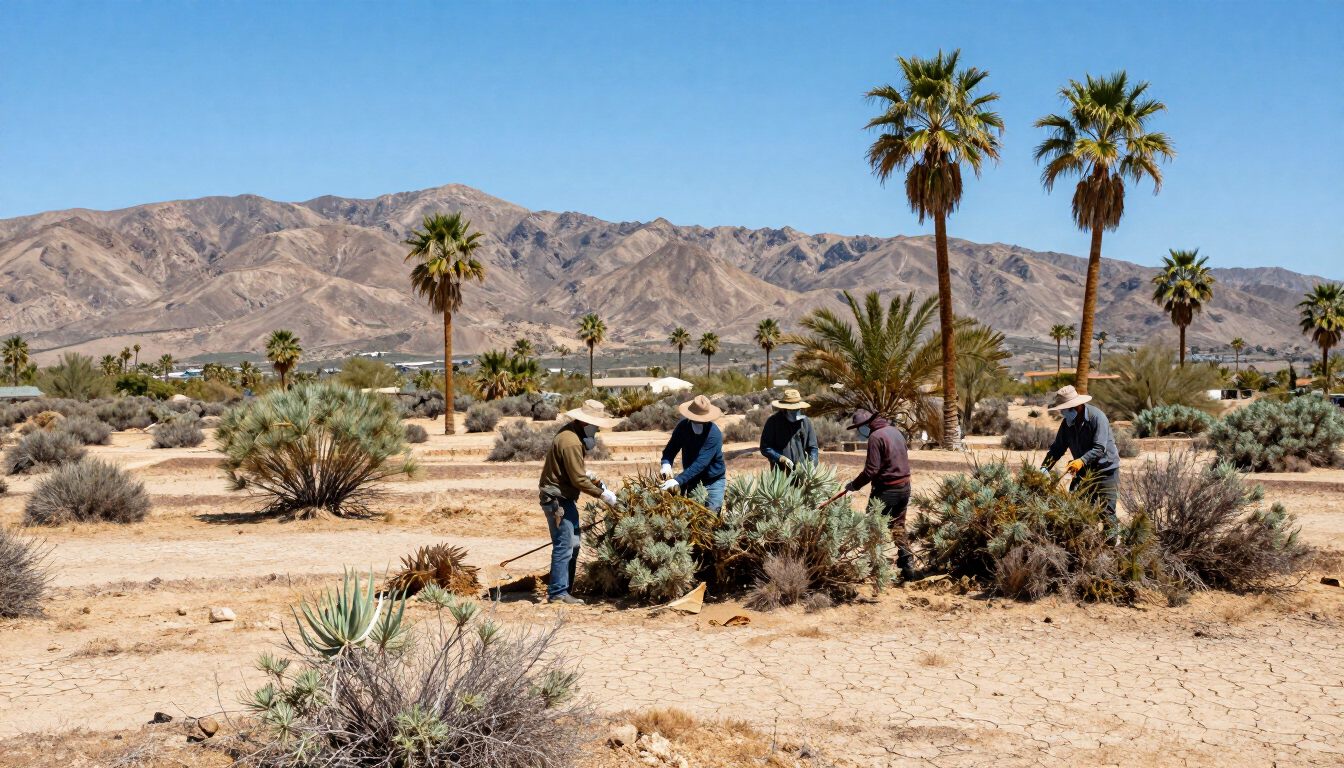 People examining shrubs in a desert park with palms and mountains in the background