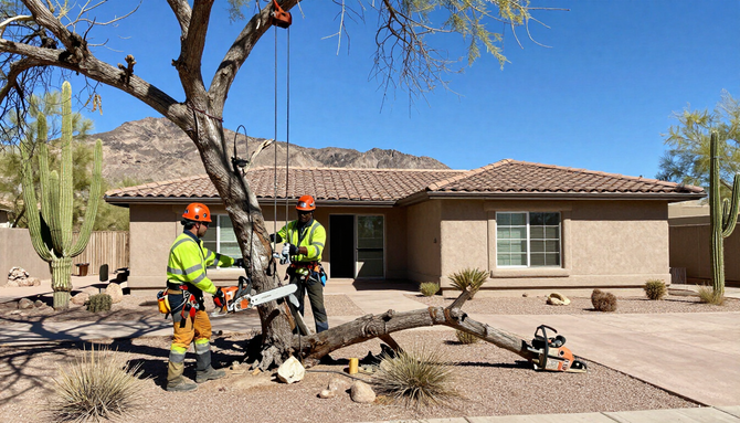 Workers trimming a fallen tree in a desert home’s front yard under a clear blue sky