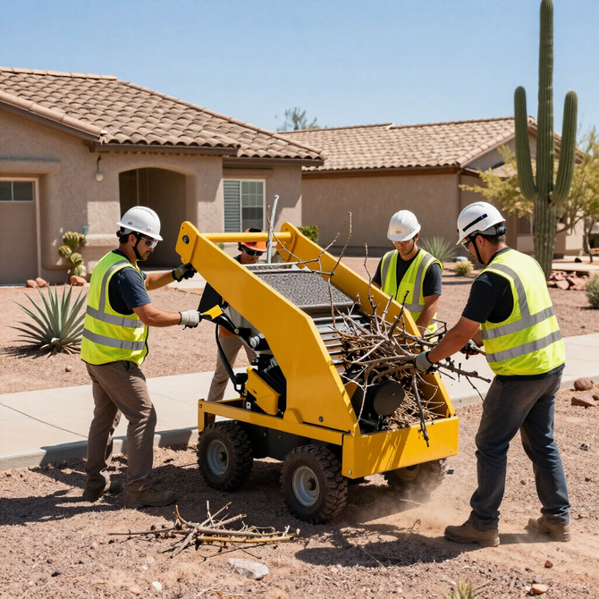 Three workers in safety vests and helmets clear debris with a wood chipper in a suburban yard.