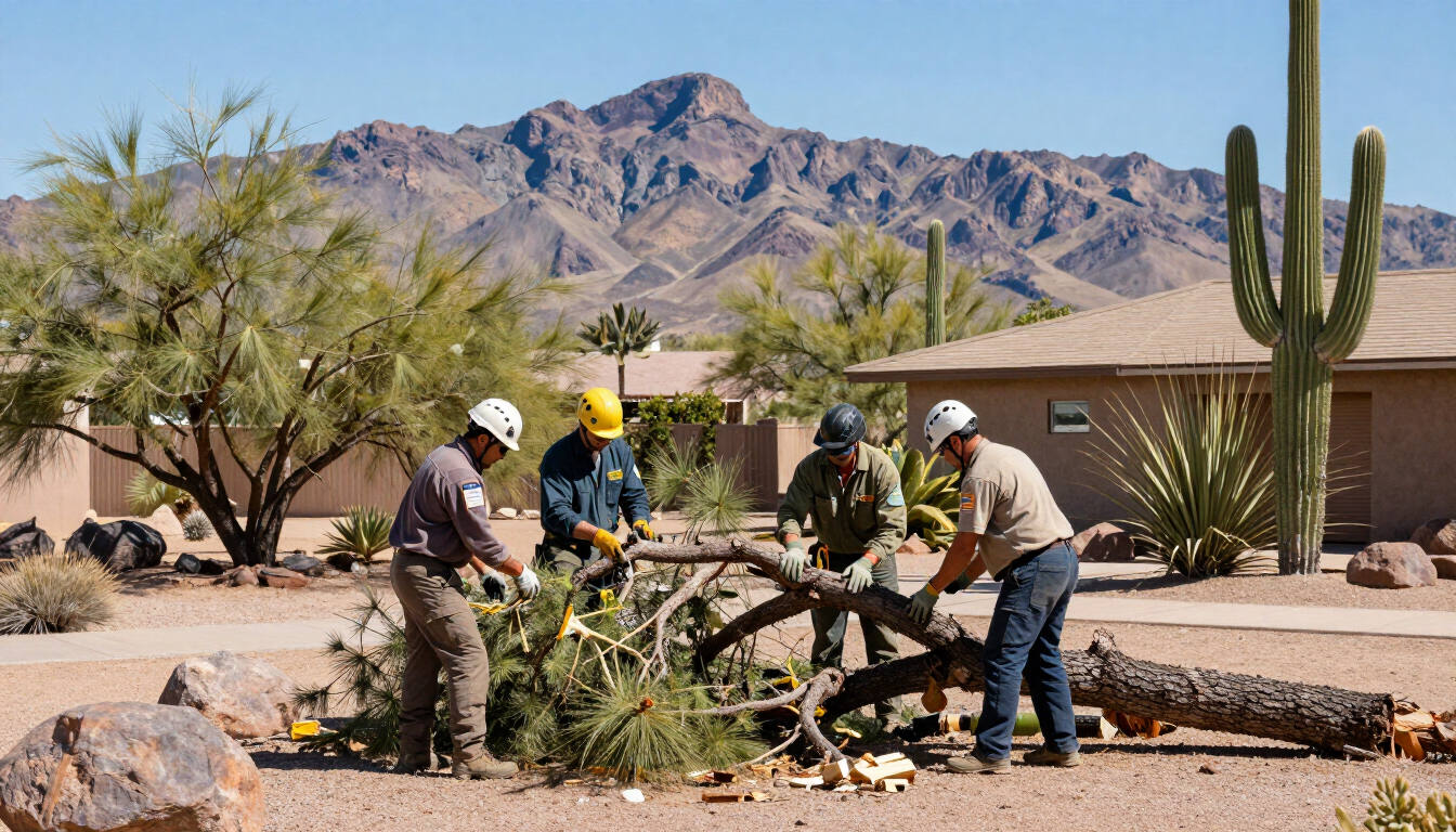 Workers clearing a fallen cactus in a desert yard with mountains in the background