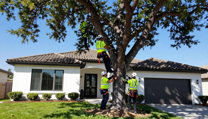 Workers trimming a large tree in front of a white suburban house with a garage